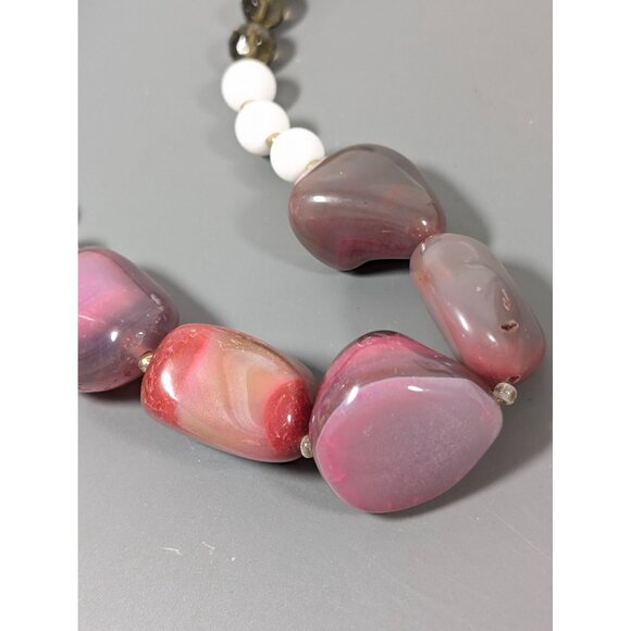 Boho Pink Agate Smokey Faceted Glass Chunky Statement Necklace 25" - Picture 11 of 12